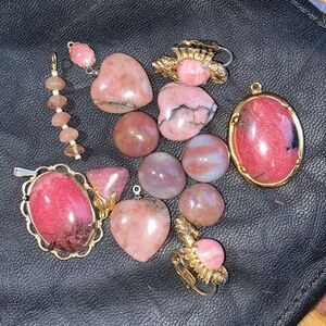 Rhodonite Semi Precious Stone Jewelry Bundle Lot Vintage 14 Pieces